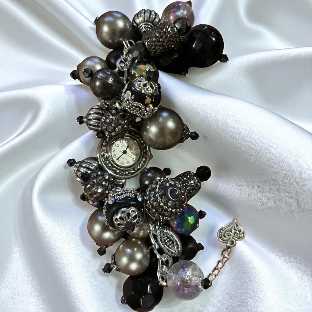One-of-a-Kind Cluster Bead Watch Bracelet in Silver, Gray & Black